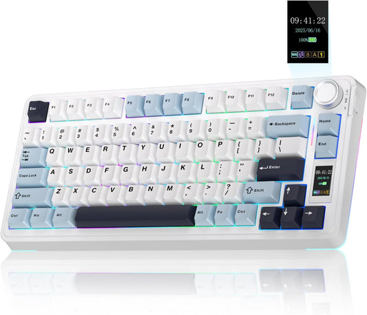 AULA S75Pro Wireless Gaming Keyboard 75 Percent,BT5.0/2.4G/USB-C Mechanical Keyboards with Screen & Multifunction Knob,Five-layer Padding,Hot Swap,RGB Backlit,Creamy Keyboard for Win/MAC (Blue White)