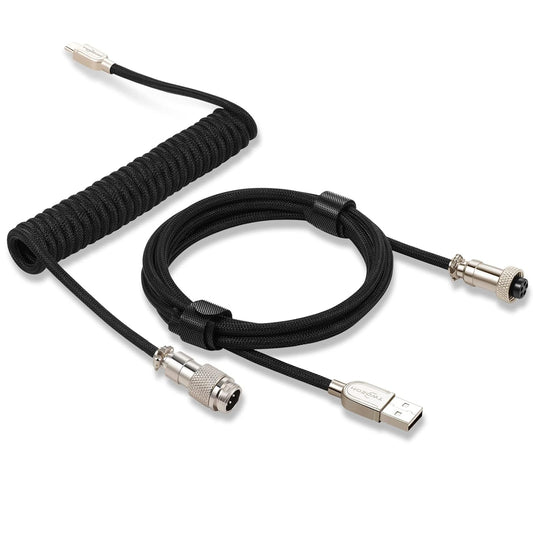 Twozoh Type C Mechanical Keyboard Coiled Cable, Braided Detachable Metal Aviator Connector Double Sleeved Keyboard Cable (Black)