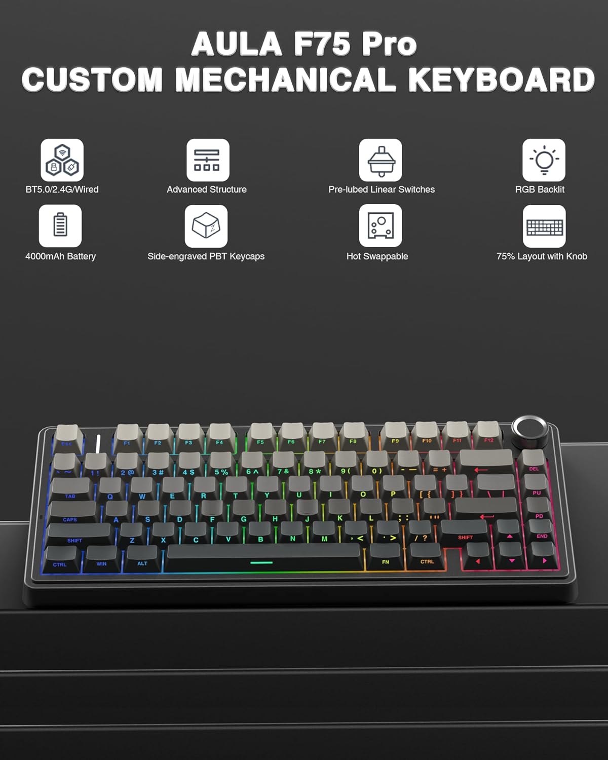 AULA F75 75% Wireless Mechanical Keyboard,2.4Ghz/Type-C/BT5.0 Gaming Keyboards,Advanced Structure,Side Engraved,RGB Backlight,Hot Swappable Custom Keyboard for PC/Mac (Black)