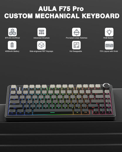 AULA F75 75% Wireless Mechanical Keyboard,2.4Ghz/Type-C/BT5.0 Gaming Keyboards,Advanced Structure,Side Engraved,RGB Backlight,Hot Swappable Custom Keyboard for PC/Mac (Black)