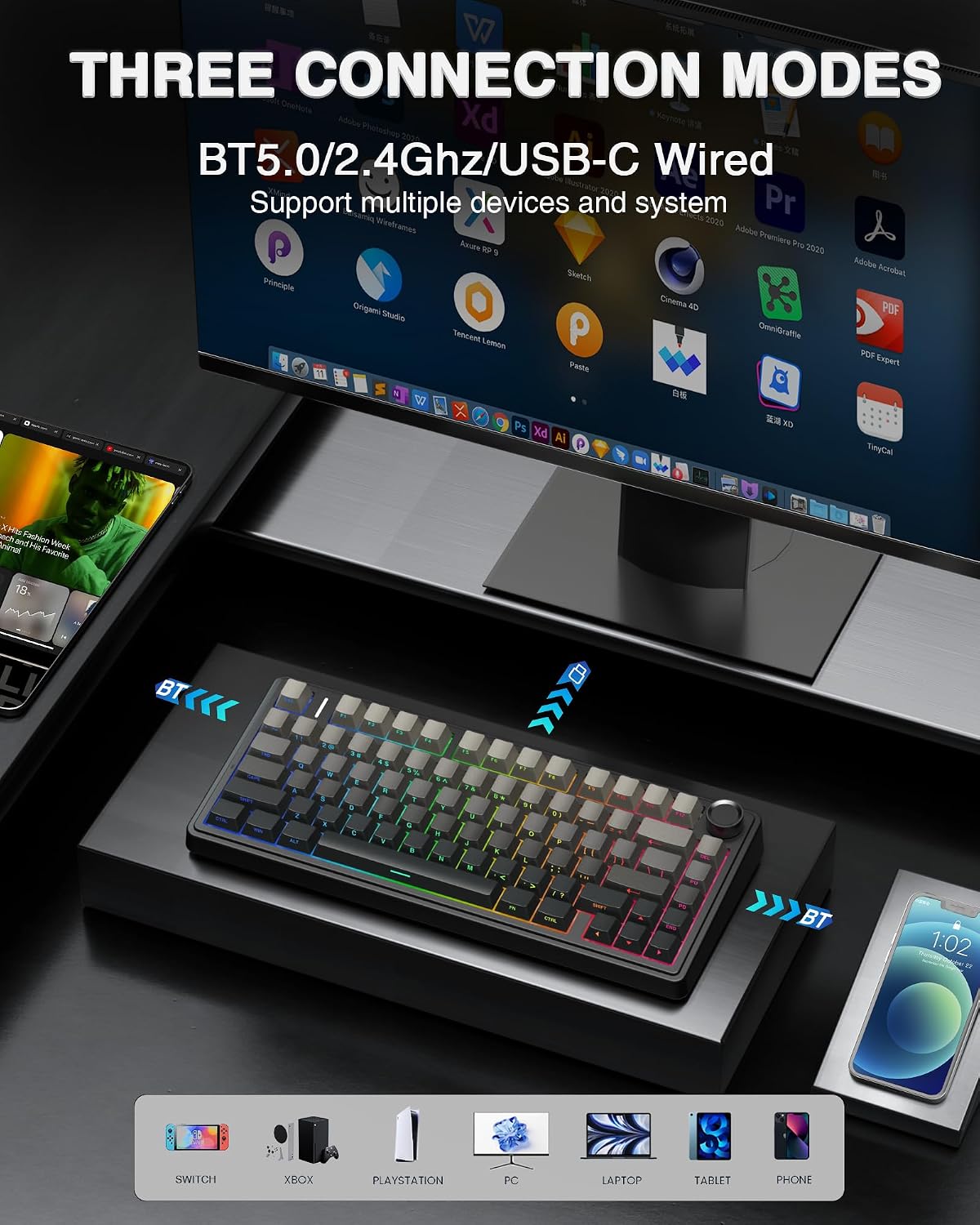 AULA F75 75% Wireless Mechanical Keyboard,2.4Ghz/Type-C/BT5.0 Gaming Keyboards,Advanced Structure,Side Engraved,RGB Backlight,Hot Swappable Custom Keyboard for PC/Mac (Black)