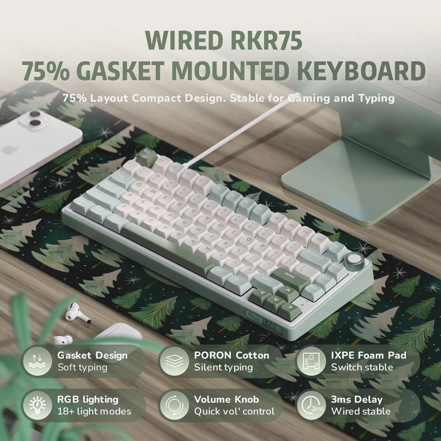 RK ROYAL KLUDGE R75 Mechanical Keyboard Wired with Volumn Knob, 75% TKL Custom Gaming Keyboard Gasket Mount RGB Backlit with Software, MDA Profile, Hot Swappable Silver Switch, PBT Keycaps (US Layout)