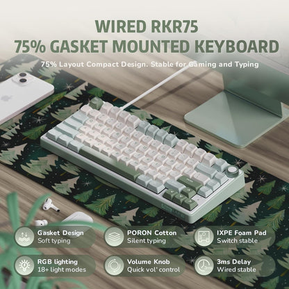 RK ROYAL KLUDGE R75 Mechanical Keyboard Wired with Volumn Knob, 75% TKL Custom Gaming Keyboard Gasket Mount RGB Backlit with Software, MDA Profile, Hot Swappable Silver Switch, PBT Keycaps (US Layout)