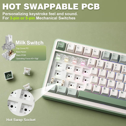 YUNZII B75 PRO Wireless Mechanical Keyboard,75% Gaming Keyboard Gasket Hot Swap Custom Keyboard with Knob,Pre-lubed Switches RGB,Bluetooth/Type-C/2.4G (Matcha Green, Milk Switch)