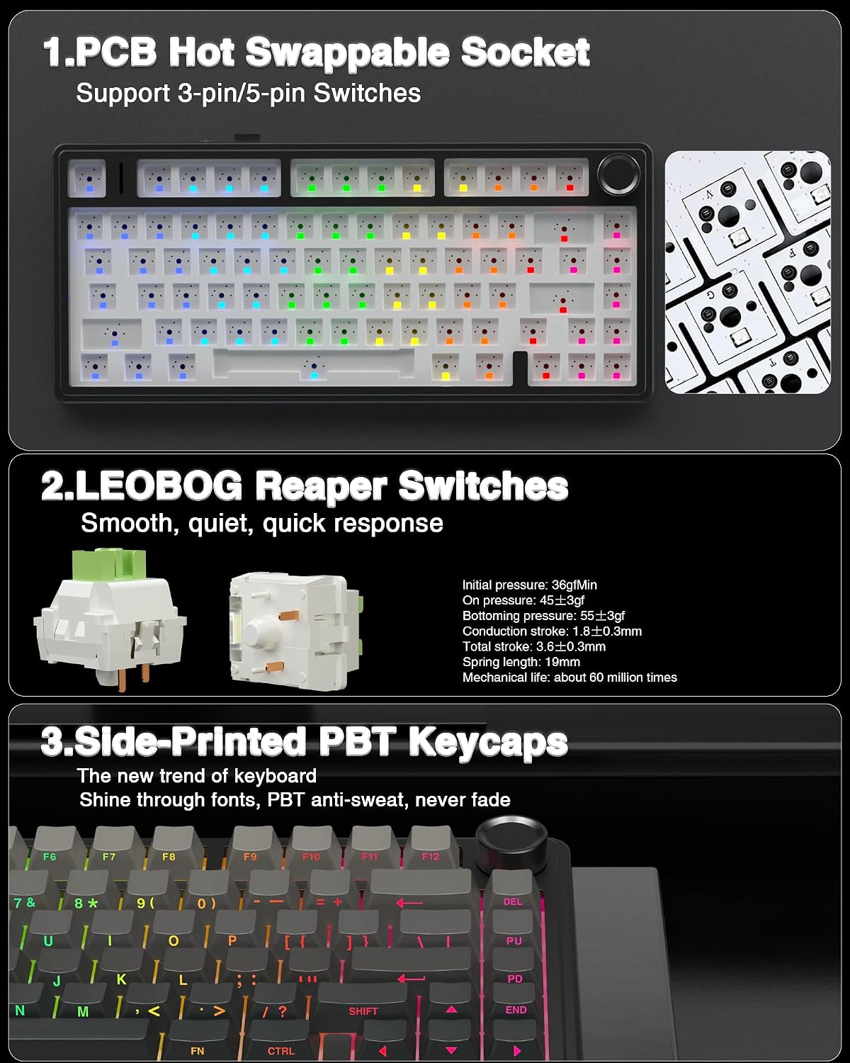 AULA F75 75% Wireless Mechanical Keyboard,2.4Ghz/Type-C/BT5.0 Gaming Keyboards,Advanced Structure,Side Engraved,RGB Backlight,Hot Swappable Custom Keyboard for PC/Mac (Black)