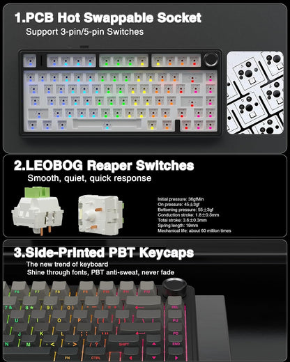 AULA F75 75% Wireless Mechanical Keyboard,2.4Ghz/Type-C/BT5.0 Gaming Keyboards,Advanced Structure,Side Engraved,RGB Backlight,Hot Swappable Custom Keyboard for PC/Mac (Black)