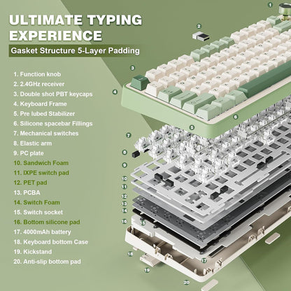 YUNZII B75 PRO Wireless Mechanical Keyboard,75% Gaming Keyboard Gasket Hot Swap Custom Keyboard with Knob,Pre-lubed Switches RGB,Bluetooth/Type-C/2.4G (Matcha Green, Milk Switch)